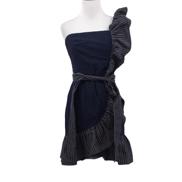 Venus Blue Ruffle Striped One Shoulder Mini Sheath‎ Dress Small Cha Cha Y2K - Picture 1 of 11